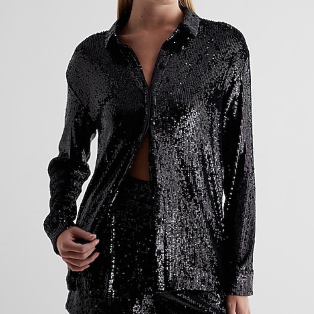 Express Black Sequin Button-Down Shirt